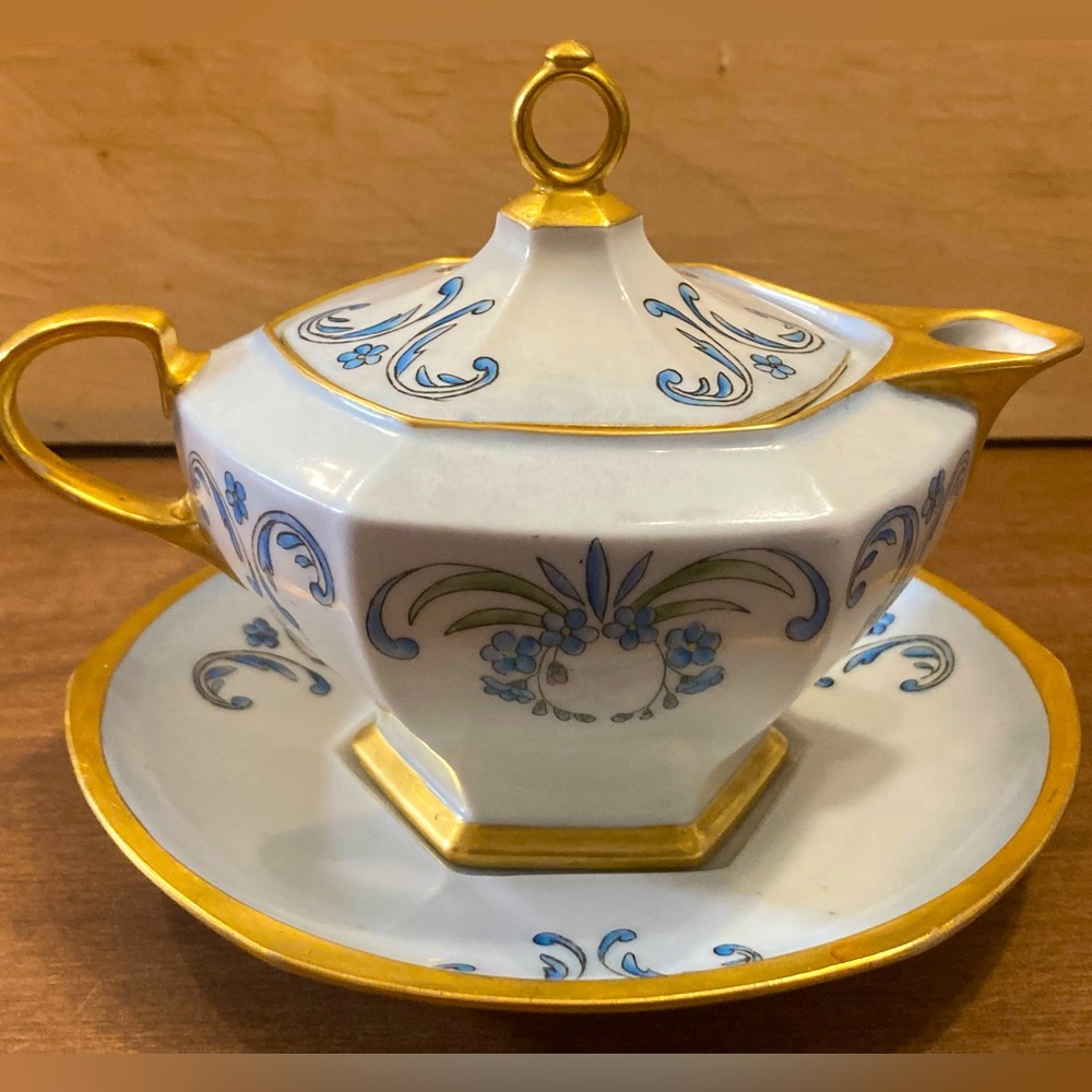 Rare 1890s MZ Austria Hexagon Tea Pot Gold Leaf Bluebells Signed - Kucher